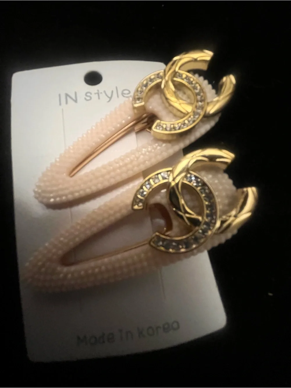 Pearlized Blush Hair Clips with Gold Crystal Double Rings